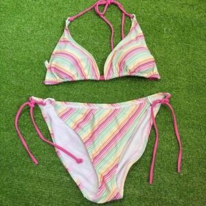 Vintage Y2K Aeropostale Women's XL/L Stripped Pink Summer Bikini Two Piece